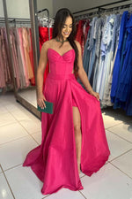 Load image into Gallery viewer, Bright Pink Strapless Prom Gown with Slit
