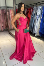 Load image into Gallery viewer, Bright Pink Strapless Prom Gown with Slit
