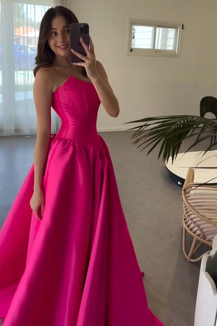 Strapless Long Bright Pink Prom Dress