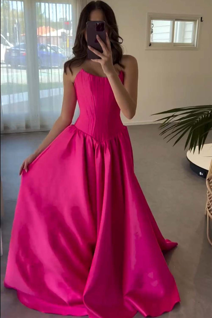 Strapless Long Bright Pink Prom Dress