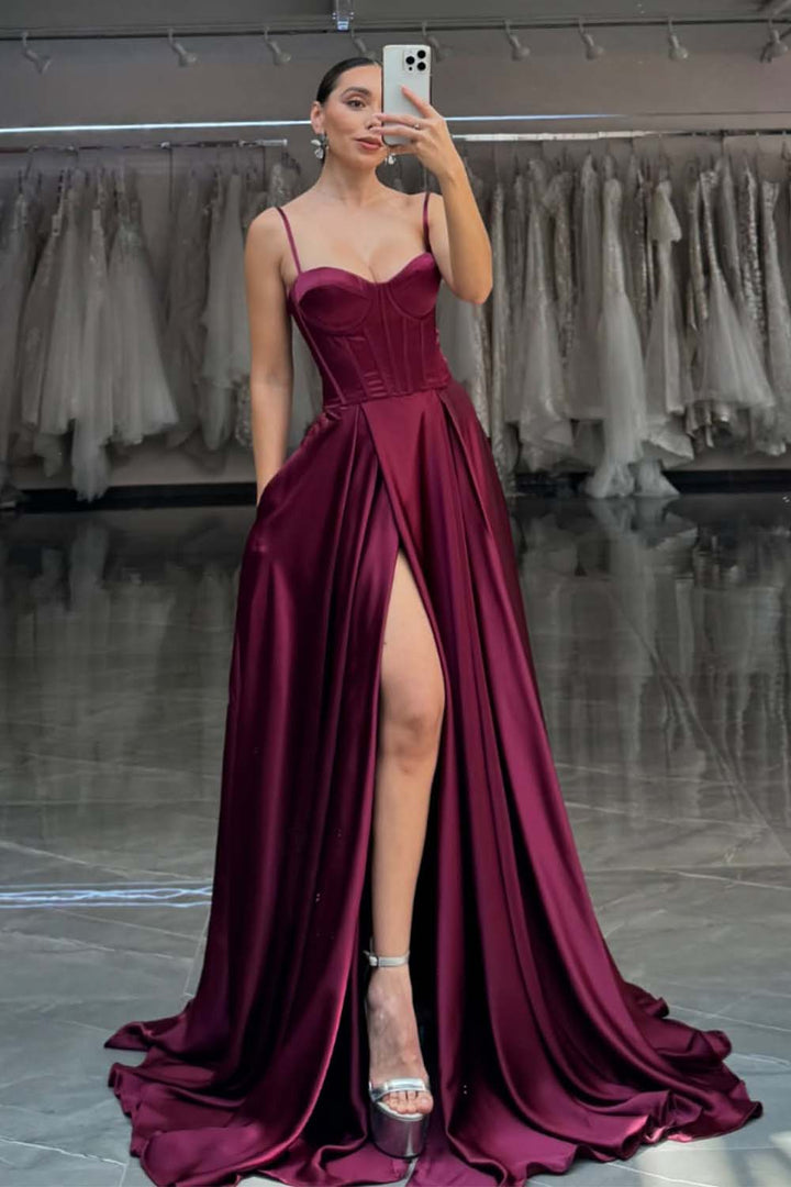 Spaghetti Straps Corset Bodycon Prom Dress with High Slit