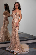 Load image into Gallery viewer, Champagne Prom Dress with Sheer Corset Bodice
