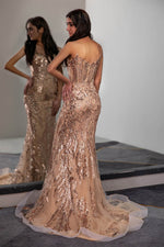 Load image into Gallery viewer, Champagne Prom Dress with Sheer Corset Bodice
