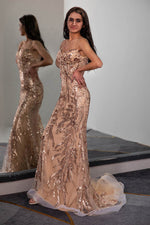 Load image into Gallery viewer, Champagne Prom Dress with Sheer Corset Bodice
