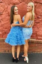 Load image into Gallery viewer, Blue Keyhole Homecoming Dress with Flowers
