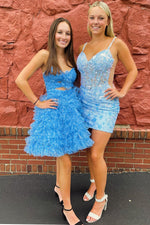 Load image into Gallery viewer, Blue Keyhole Homecoming Dress with Flowers
