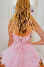 Load image into Gallery viewer, Strapless Ruffle Cute Homecoming Dress with Sheer Corset Bodice
