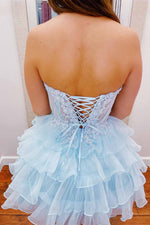 Load image into Gallery viewer, Strapless Ruffle Cute Homecoming Dress with Sheer Corset Bodice
