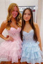 Load image into Gallery viewer, Strapless Ruffle Cute Homecoming Dress with Sheer Corset Bodice
