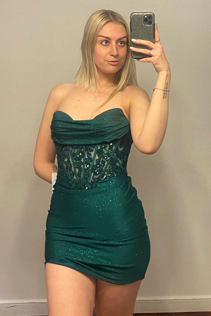 Dark Green Embroidery Strapless Homecoming Dress