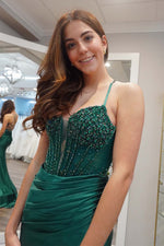 Load image into Gallery viewer, Fitted Ruched Slit Prom Dress with Beads
