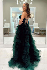 Load image into Gallery viewer, Dark Green Tiered Prom Dress with Split
