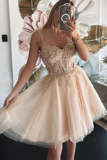 Load image into Gallery viewer, Tulle Appliques Corset Homecoming Dress with Straps
