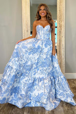 Load image into Gallery viewer, Strapless Corset Bodice Floral Prom Gown with Ruffle Hem
