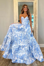 Load image into Gallery viewer, Strapless Corset Bodice Floral Prom Gown with Ruffle Hem
