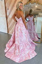 Load image into Gallery viewer, Strapless Corset Bodice Floral Prom Gown with Ruffle Hem
