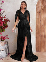 Load image into Gallery viewer, Shawl Sequin Slit Formal Dress
