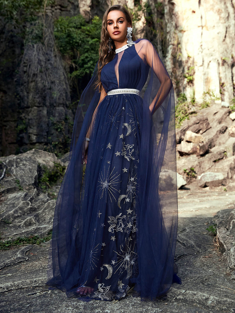 Navy Embroidery Prom Dress