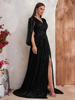 Load image into Gallery viewer, Shawl Sequin Slit Formal Dress
