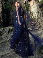 Load image into Gallery viewer, Navy Embroidery Prom Dress
