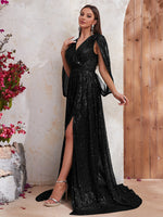 Load image into Gallery viewer, Shawl Sequin Slit Formal Dress
