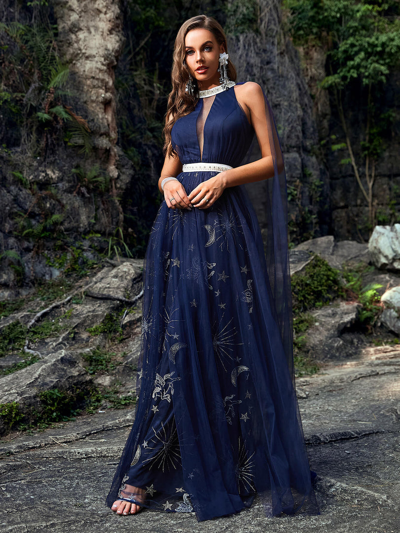 Navy Embroidery Prom Dress