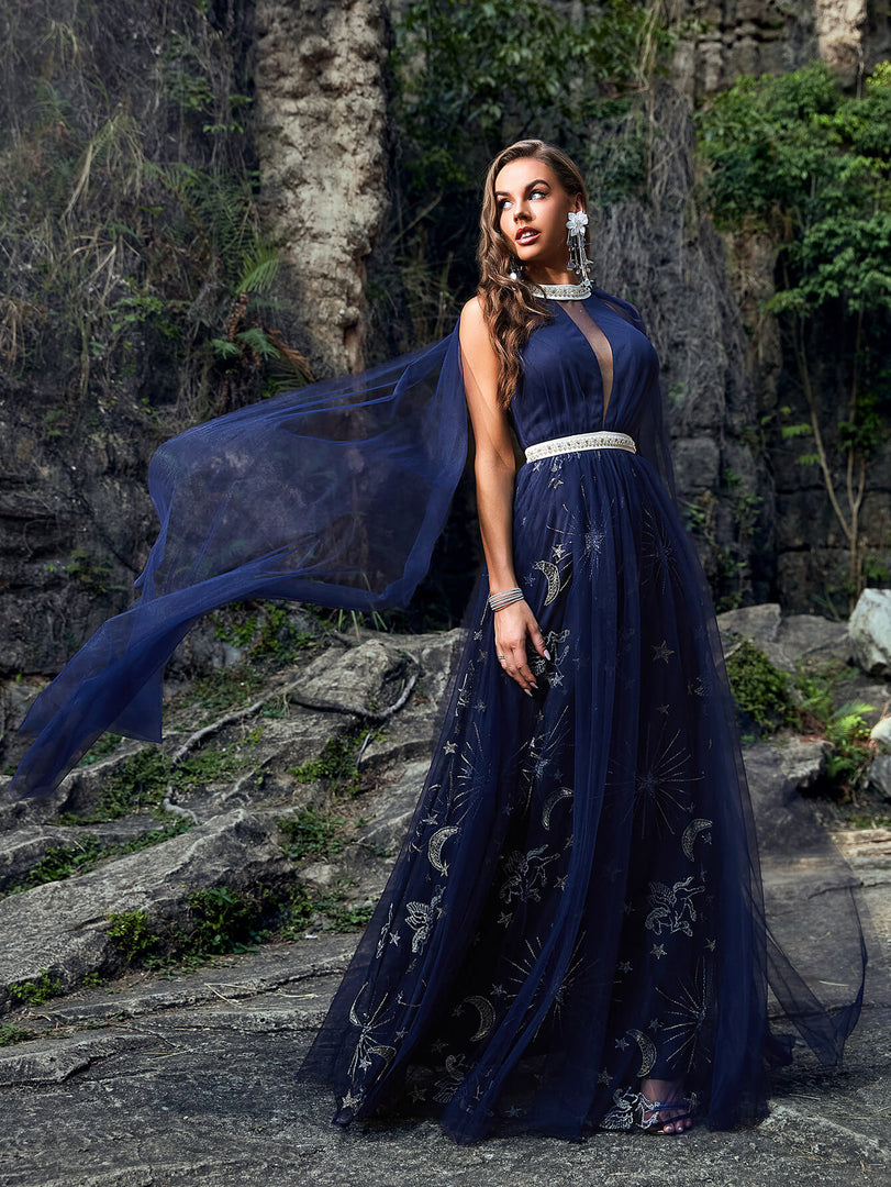 Navy Embroidery Prom Dress