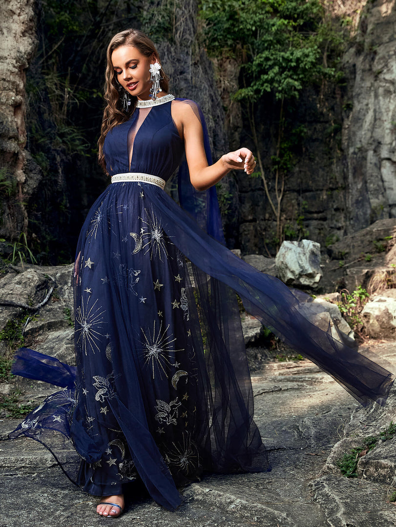 Navy Embroidery Prom Dress