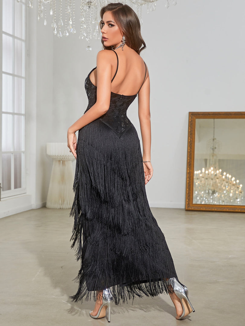 Black Tassel Slit Formal Dress