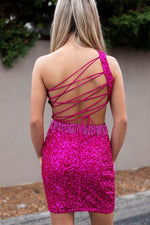 Load image into Gallery viewer, Fuchsia Sequin Fringe Homecoming Dress
