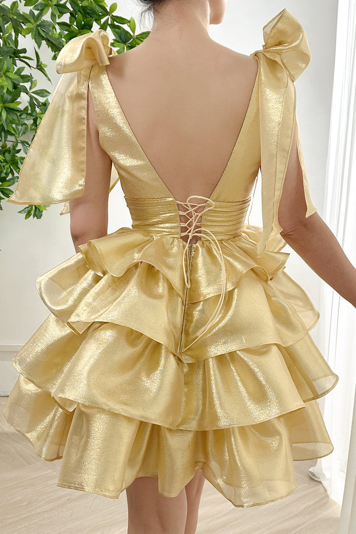 Gold Tiered Homecoming Dress with Strap Bow