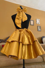 Load image into Gallery viewer, Gold Backless Halter Homecoming Dress
