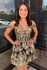 Load image into Gallery viewer, Gold Ruffle Homecoming Dress with Sequin
