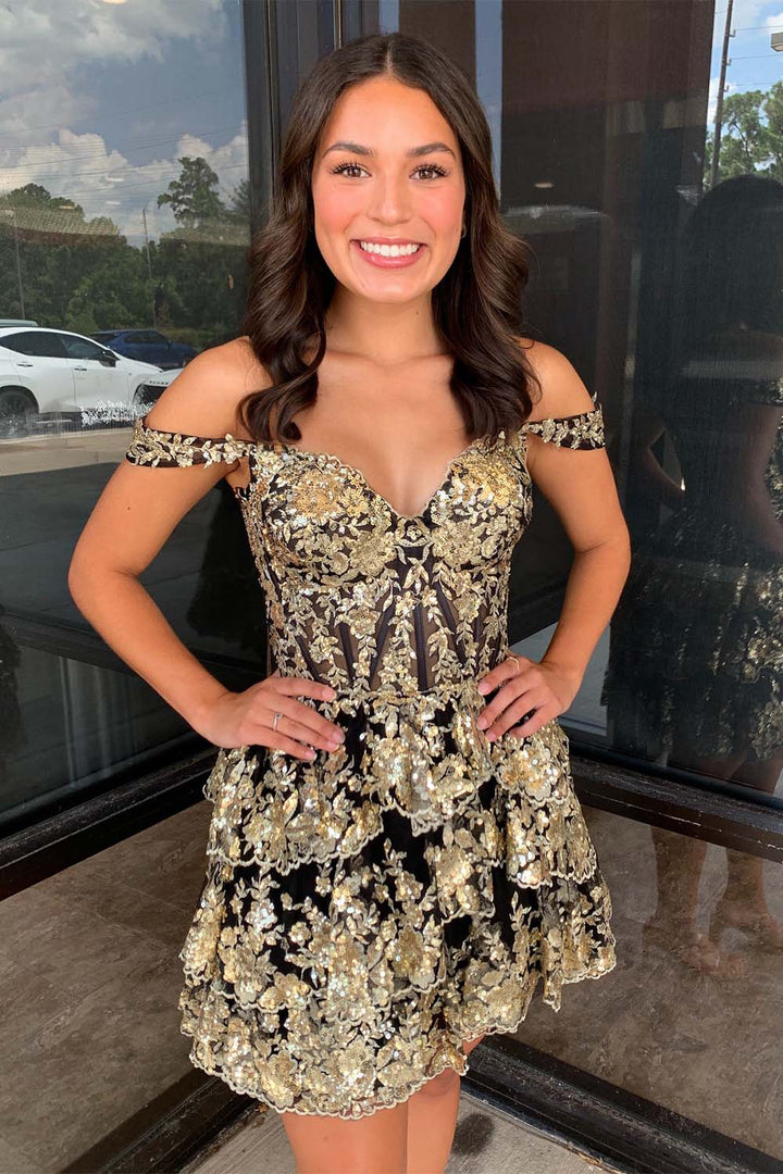 Gold Ruffle Homecoming Dress with Sequin