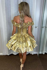 Load image into Gallery viewer, Gold Ruffle Corset Homecoming Dress
