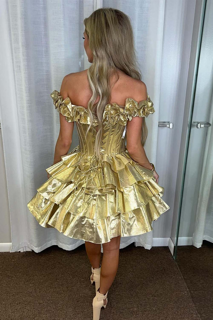 Gold Ruffle Corset Homecoming Dress