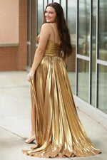 Load image into Gallery viewer, Gold Metallic Prom Dress with Slit
