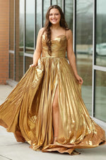 Load image into Gallery viewer, Gold Metallic Prom Dress with Slit
