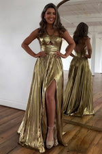 Load image into Gallery viewer, Gold Metallic Prom Dress with Keyhole Slit
