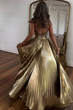 Load image into Gallery viewer, Gold Metallic Prom Dress with Keyhole Slit
