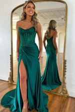 Load image into Gallery viewer, Strapless Corset Beaded Prom Dress with Slit
