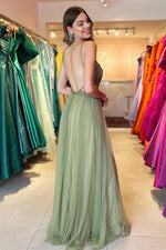 Load image into Gallery viewer, Sage Green Backless Prom Dress with Beads
