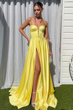 Load image into Gallery viewer, Corset Side Slit Satin Prom Dress
