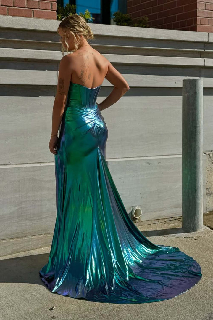 Metallic Green Strapless Prom Dress with Corset Bodice