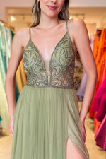 Load image into Gallery viewer, Sage Green Backless Prom Dress with Beads
