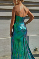 Load image into Gallery viewer, Metallic Green Strapless Prom Dress with Corset Bodice
