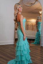 Load image into Gallery viewer, Strapless Lace Corset Prom Dress with Ruffle Skirt
