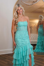 Load image into Gallery viewer, Strapless Lace Corset Prom Dress with Ruffle Skirt
