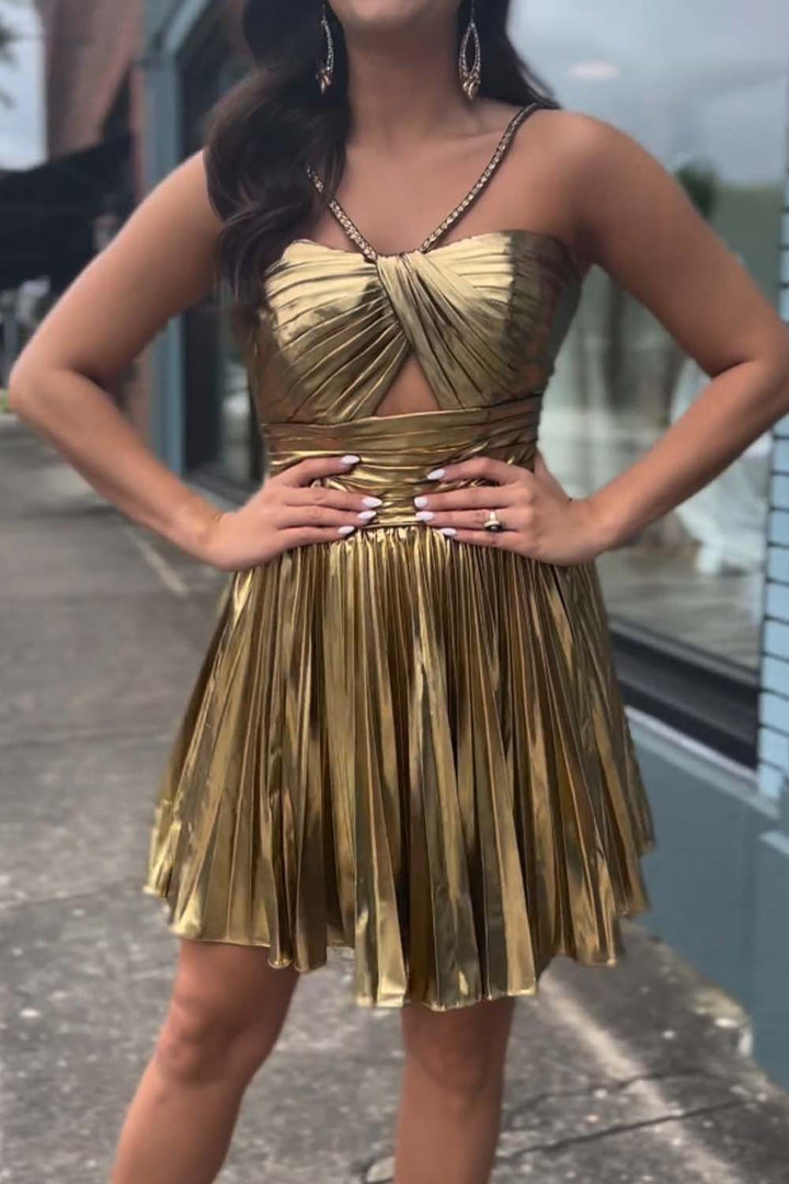 Halter Metallic Pleated Homecoming Dress