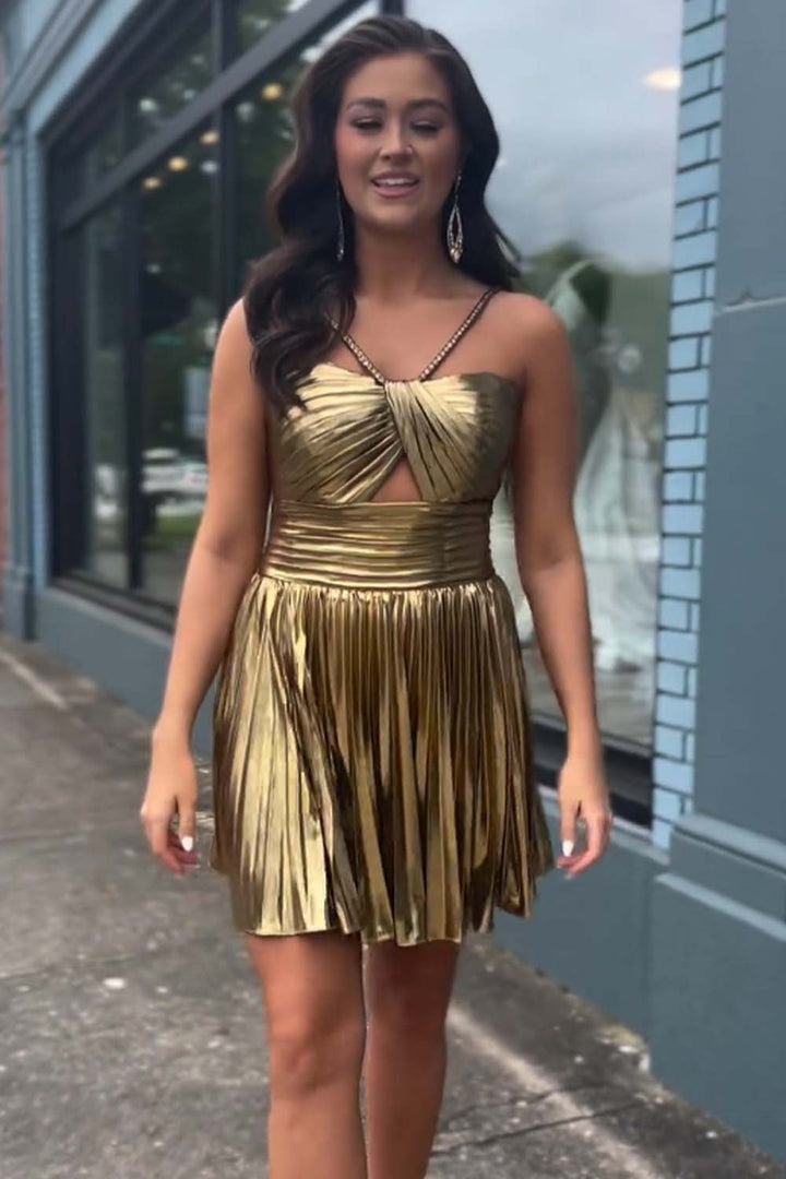 Halter Metallic Pleated Homecoming Dress